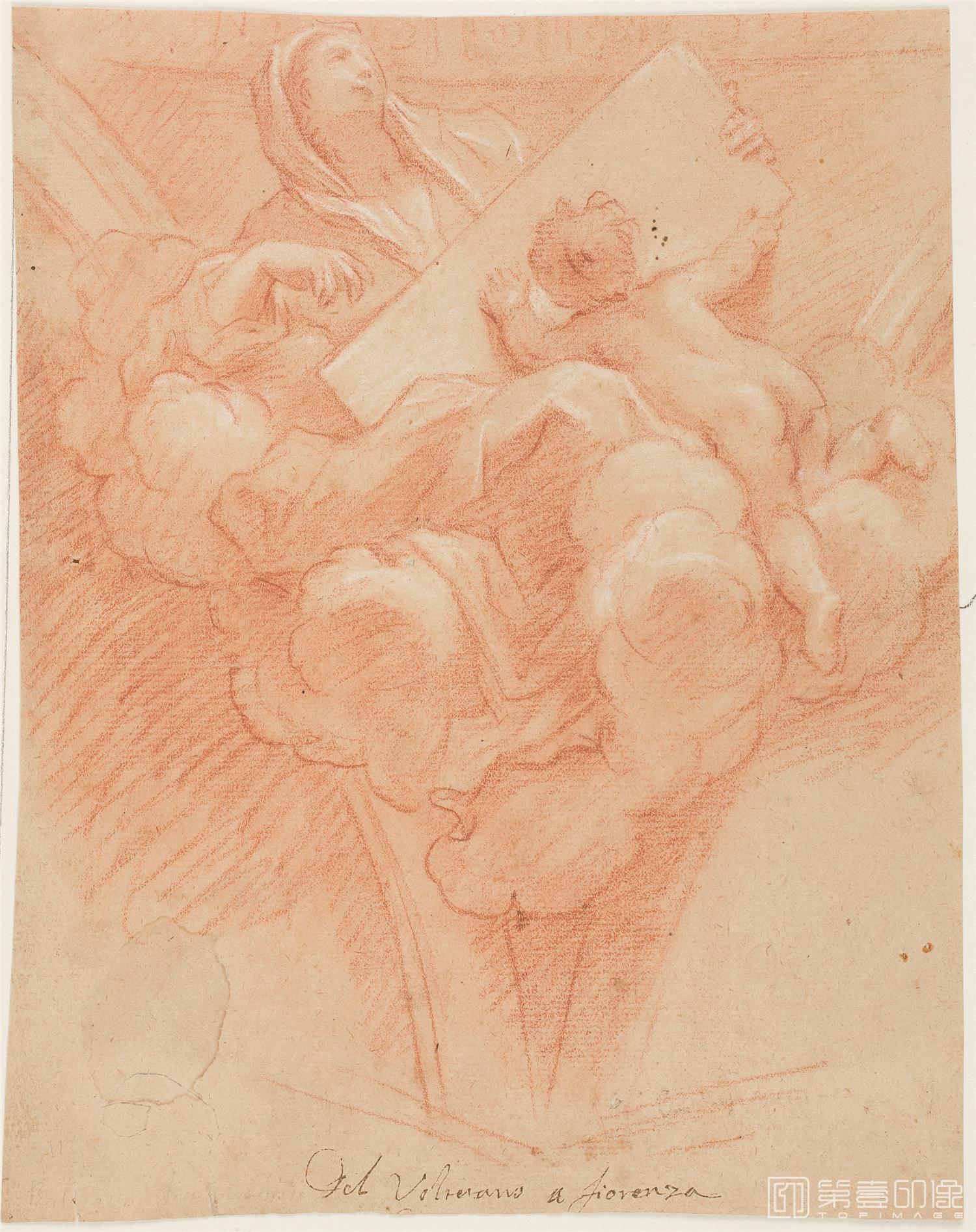 素描-西班牙普拉多美术馆素描藏画-Anonimo-Estudio de pechina con una figura femenina y un angelito-0226